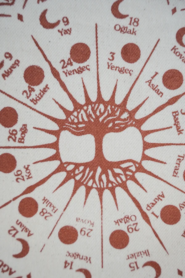 Kumaş takvimin merkezindeki bronz yaşam ağacı sembolü detaylı şekilde gösteriliyor.